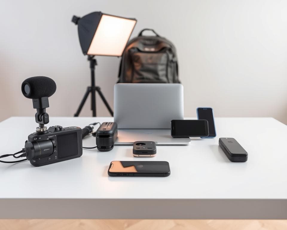 A neatly arranged array of lightweight, portable streaming gear rests on a sleek, minimalist tabletop. In the foreground, a compact camera and directional microphone sit side-by-side, their matte black finishes complementing the clean, modern aesthetic. Behind them, a compact and versatile lighting setup casts a warm, even glow, with a softbox and a pair of LED panels. In the middle ground, a compact laptop and a smartphone stand ready to capture and stream the action, their slim profiles and subdued colors blending seamlessly. In the background, a slim, ergonomic backpack hints at the portable nature of this all-day streaming kit, its neutral tones and clean lines echoing the overall minimalist design. The scene exudes a sense of efficiency, portability, and thoughtful curation, perfectly suited for the demands of lightweight, on-the-go streaming.